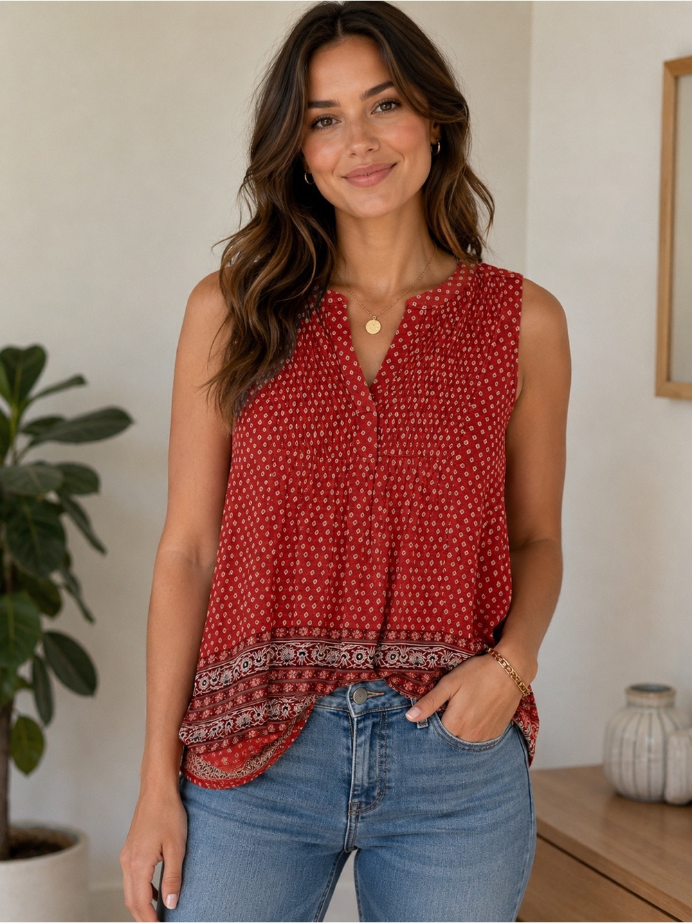 Lucky Brand Red Patterned Sleeveless Boho Blouse